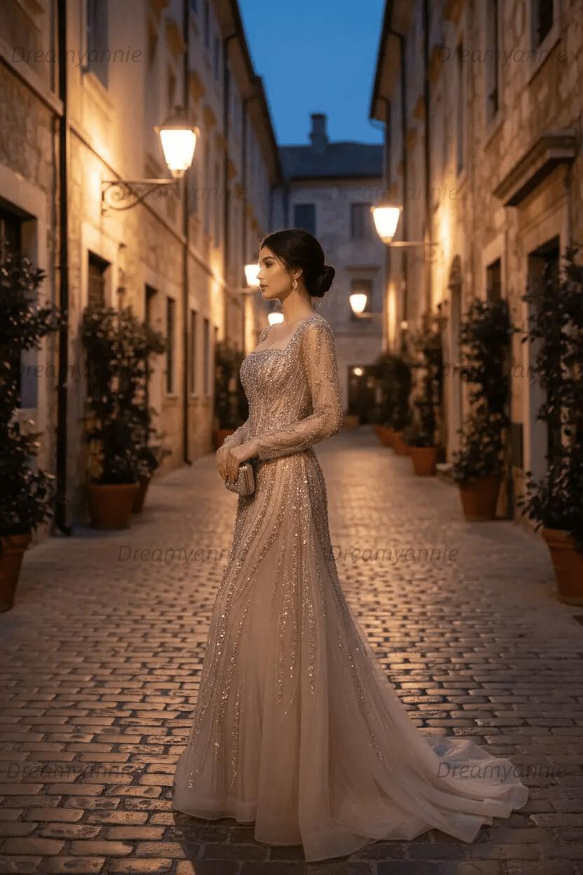 Champagne Detachable Train Prom Dress Long Sleeve Square Neck Beaded Formal Dress