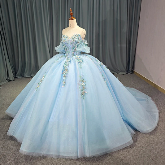 Blue Fairy Princess Quinceanera Dress Off Shoulder Sweep Train Prom Party Gown Ball Gown Dress