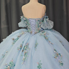 Blue Fairy Princess Quinceanera Dress Off Shoulder Sweep Train Prom Party Gown Ball Gown Dress