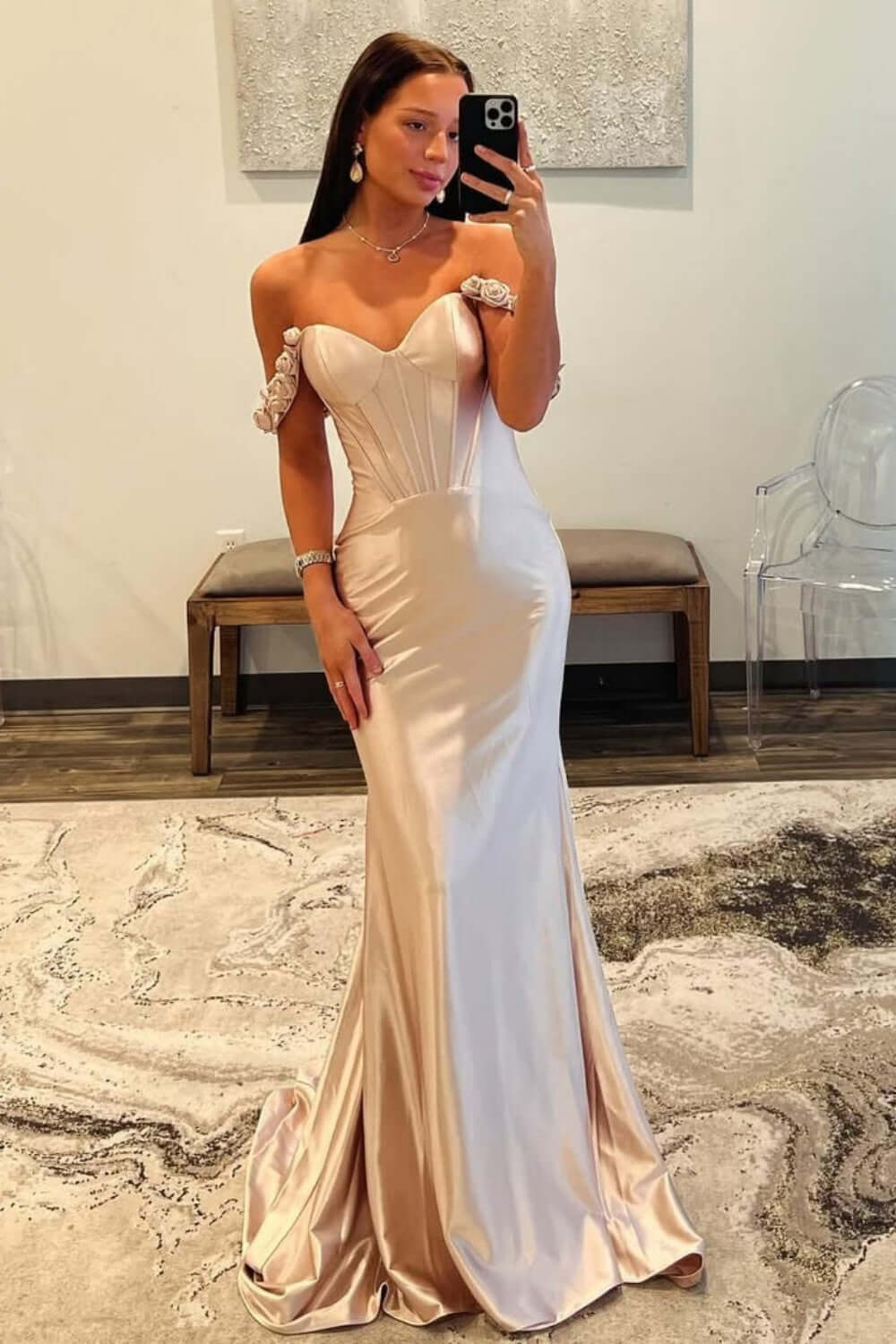 Dreamyannie Champange Prom Dress Off The Shoulder Corset Long Formal Dress