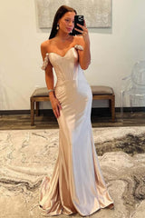 Dreamyannie Champange Prom Dress Off The Shoulder Corset Long Formal Dress