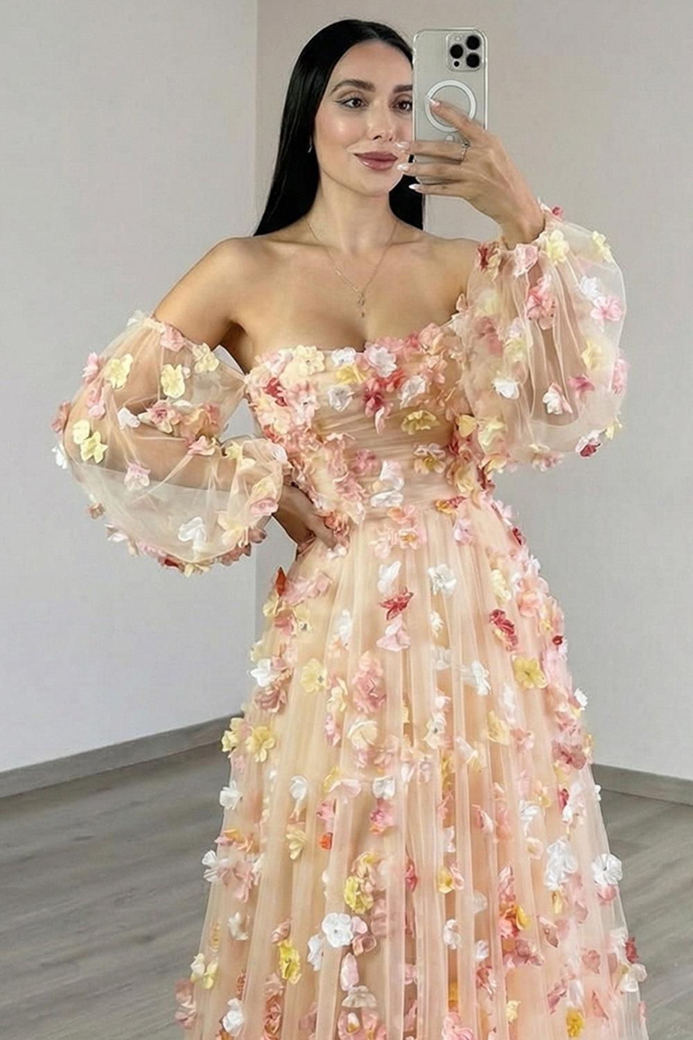 Champagne Floral Prom Dress Tulle A Line Long Formal Dress With Sleeves