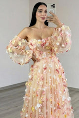 Champagne Floral Prom Dress Tulle A Line Long Formal Dress With Sleeves
