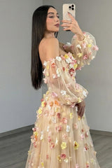 Champagne Floral Prom Dress Tulle A Line Long Formal Dress With Sleeves