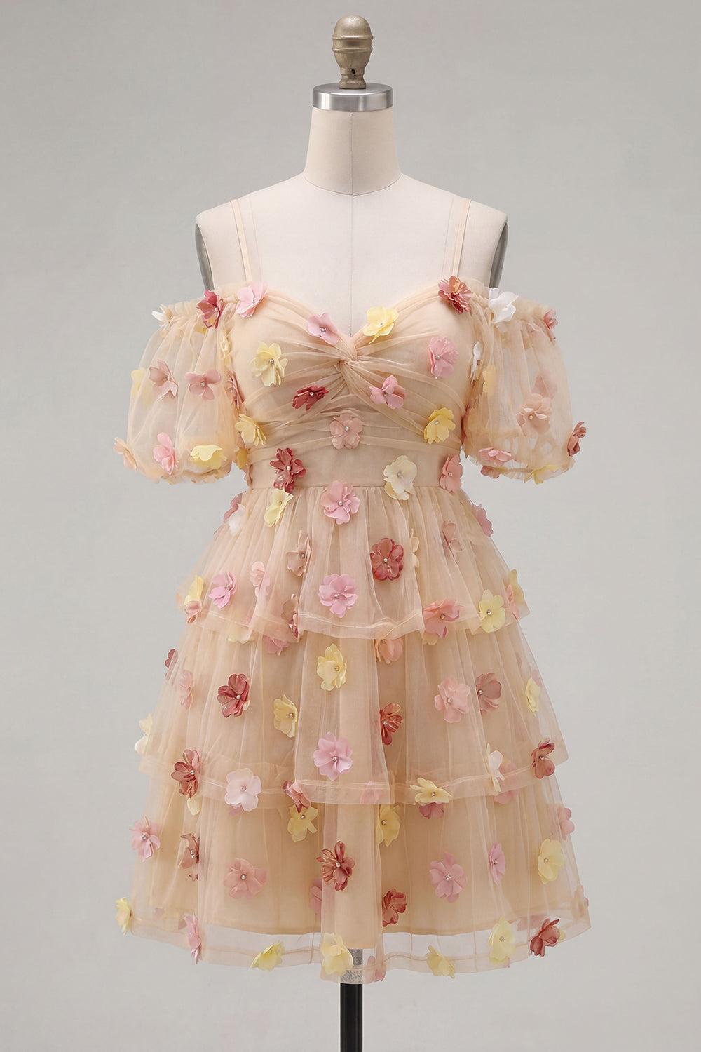 Champagne Floral Puff Sleeves A-Line Short Homecoming Dress