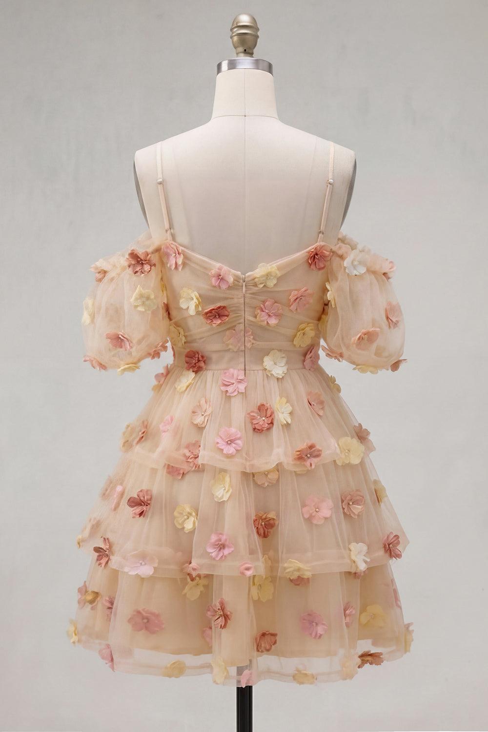 Champagne Floral Puff Sleeves A-Line Short Homecoming Dress