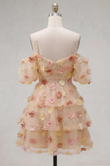 Champagne Floral Puff Sleeves A-Line Short Homecoming Dress