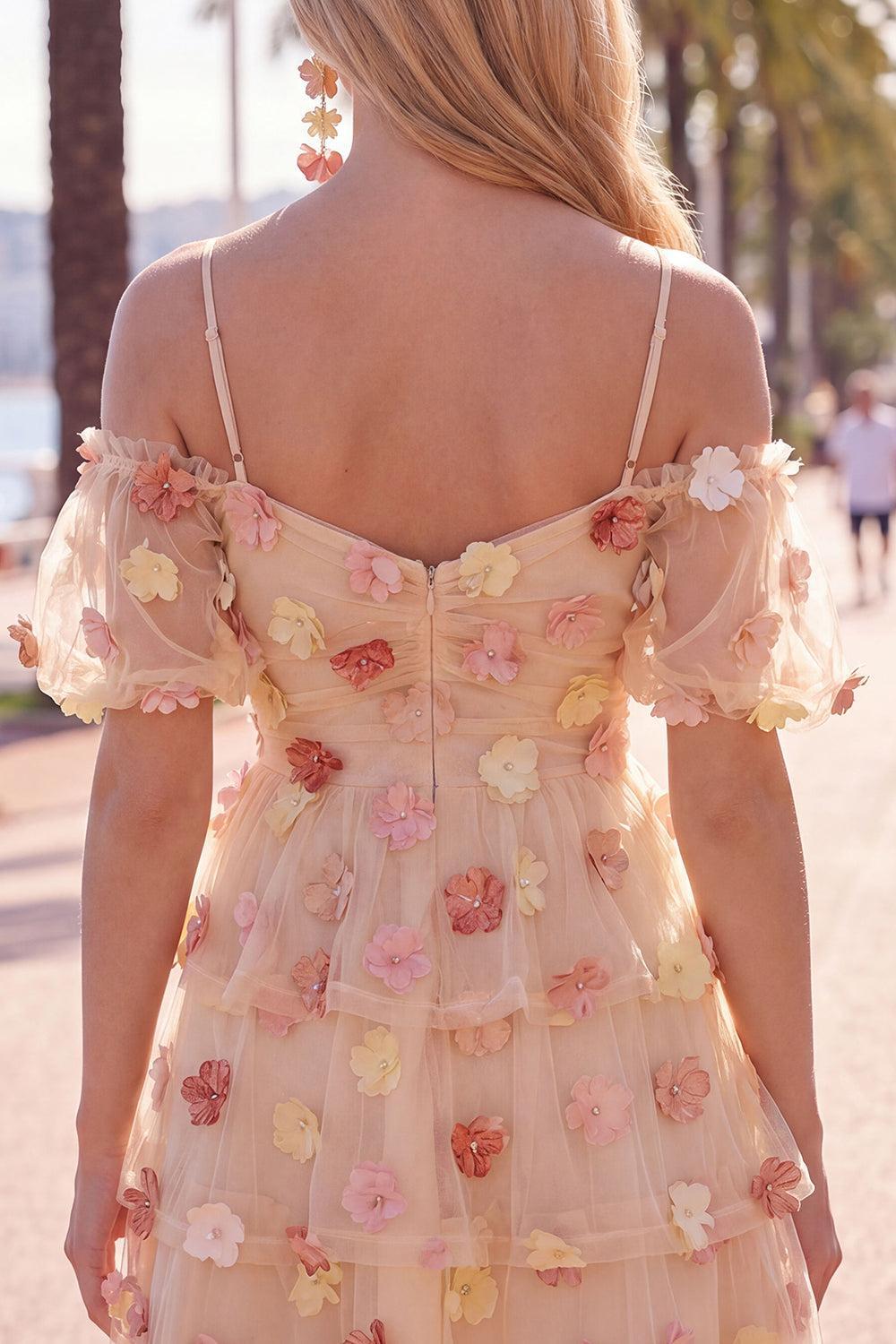Champagne Floral Puff Sleeves A-Line Short Homecoming Dress