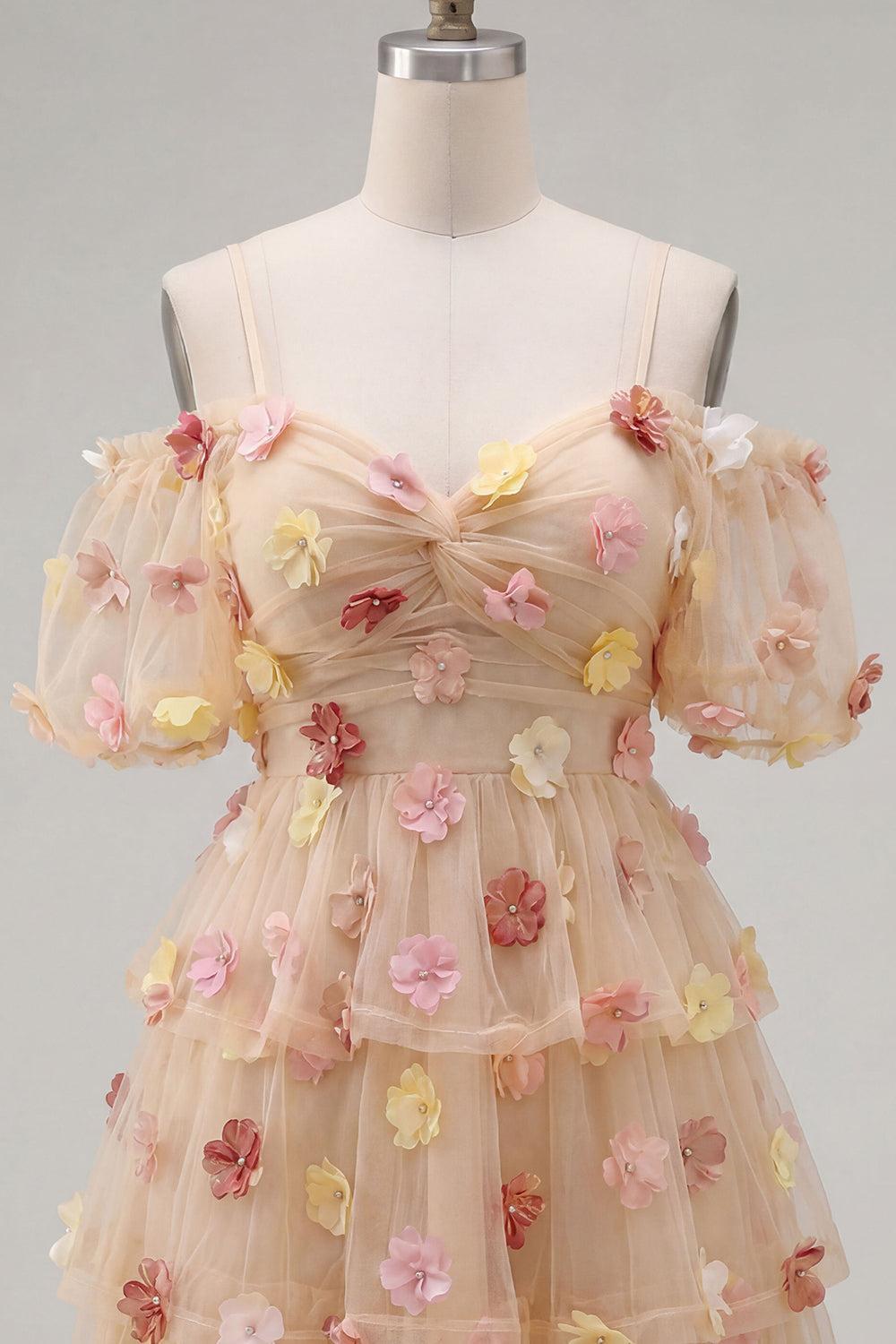 Champagne Floral Puff Sleeves A-Line Short Homecoming Dress