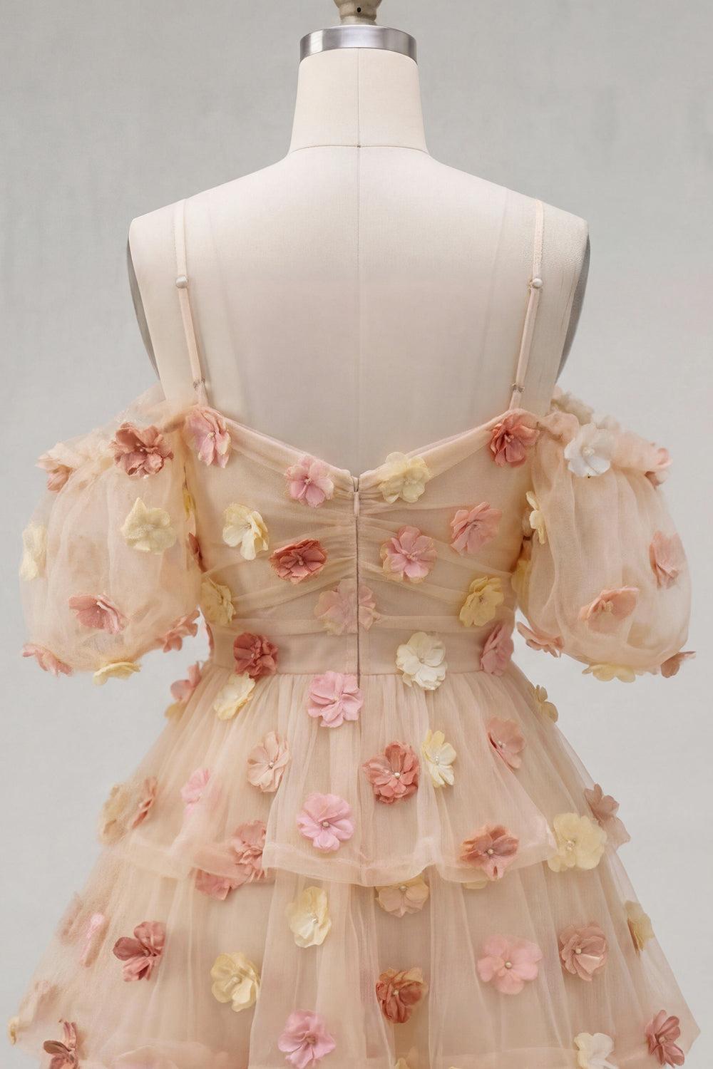 Champagne Floral Puff Sleeves A-Line Short Homecoming Dress
