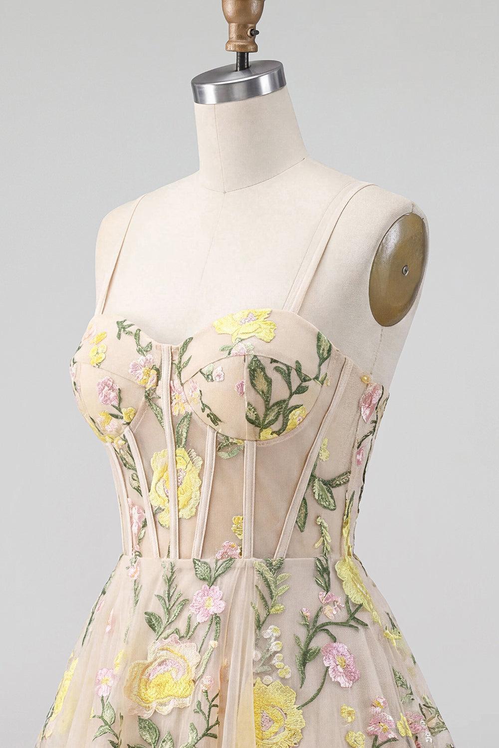 Champagne Floral Spaghetti Straps A-Line Corset Short Homecoming Dress