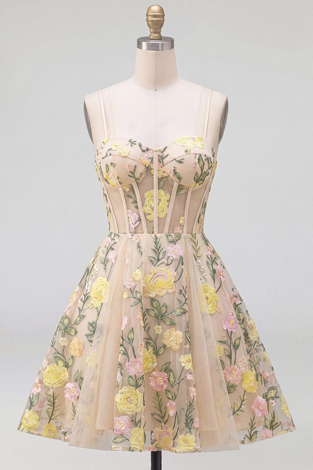 Champagne Floral Spaghetti Straps A-Line Corset Short Homecoming Dress