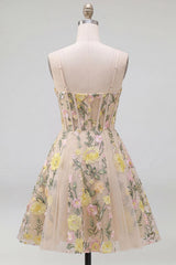 Champagne Floral Spaghetti Straps A-Line Corset Short Homecoming Dress