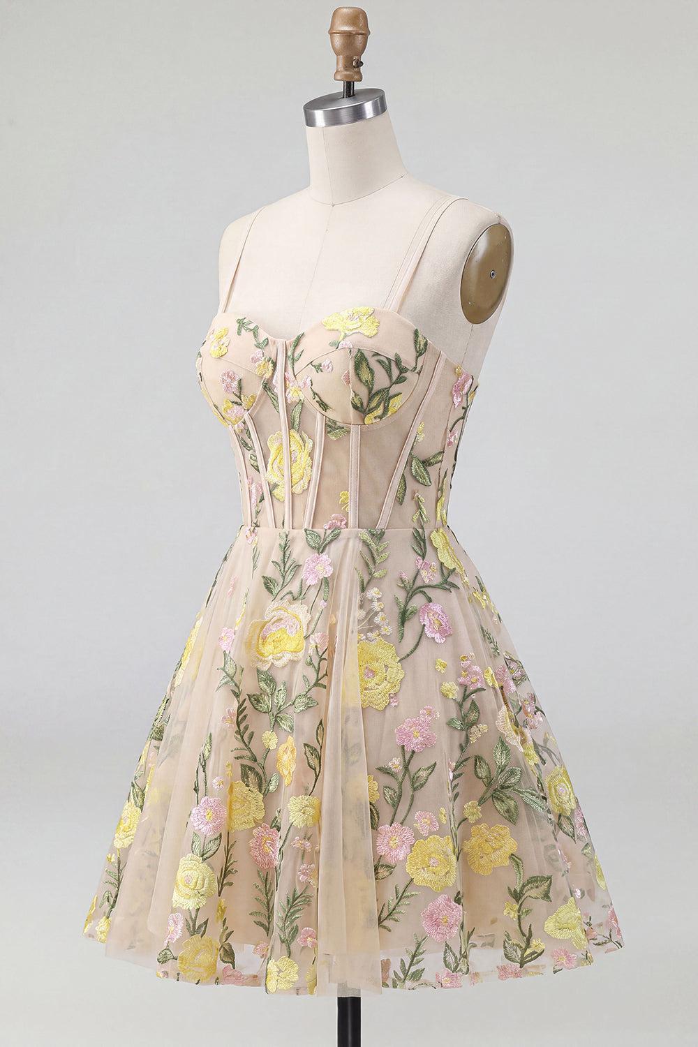 Champagne Floral Spaghetti Straps A-Line Corset Short Homecoming Dress