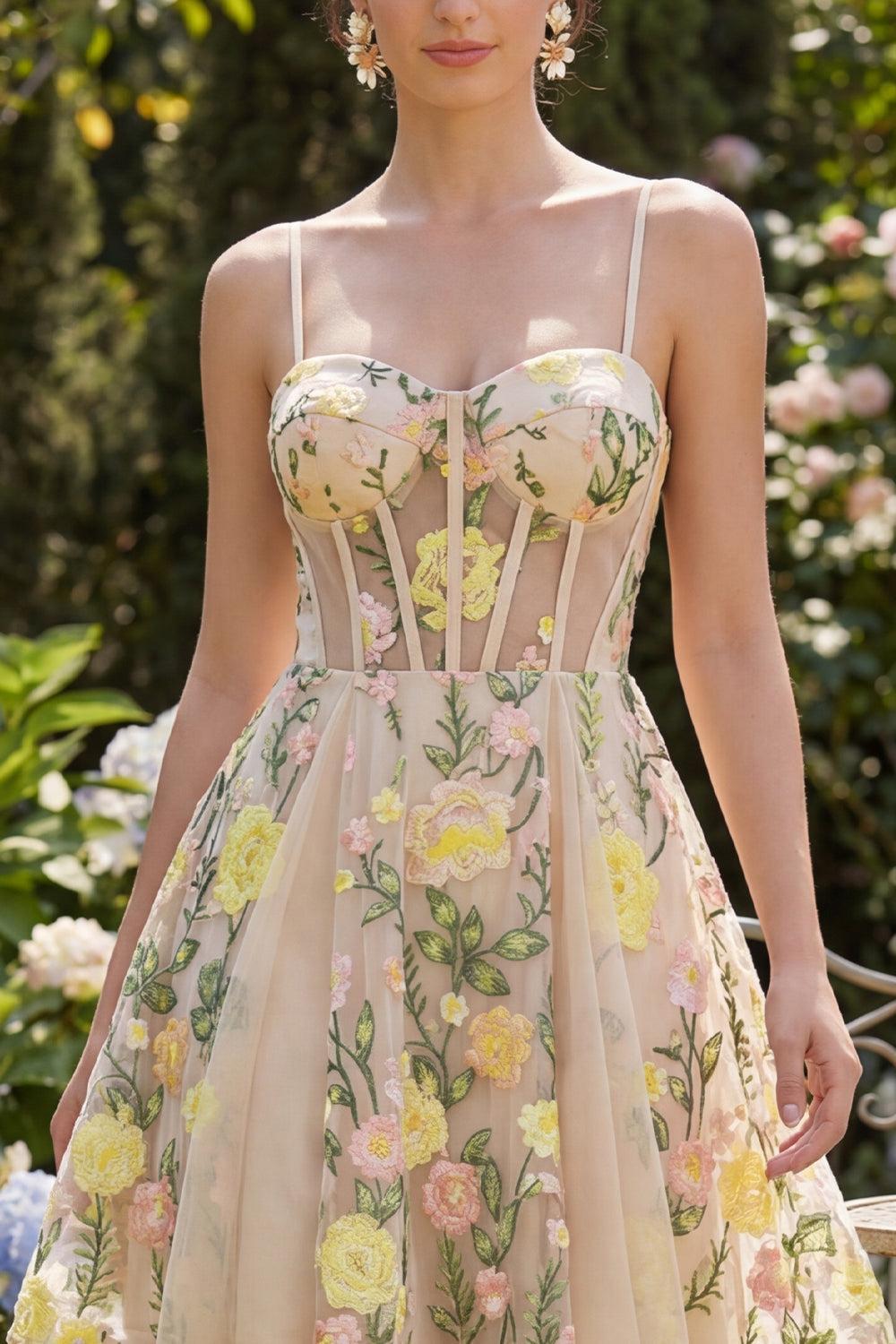 Champagne Floral Spaghetti Straps A-Line Corset Short Homecoming Dress