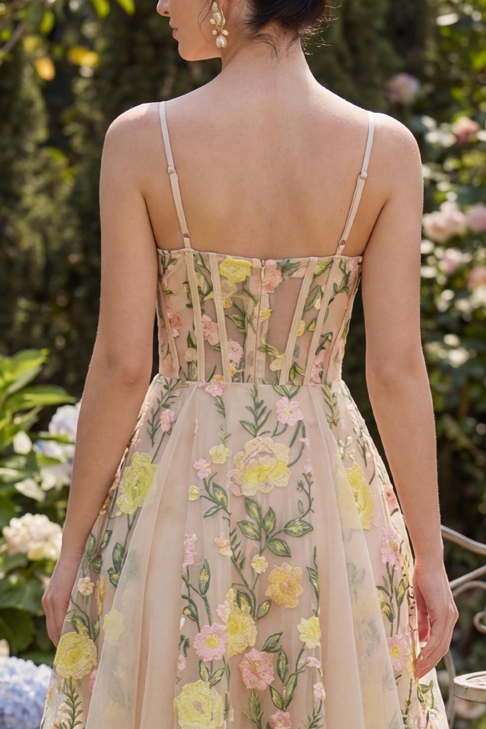 Champagne Floral Spaghetti Straps A-Line Corset Short Homecoming Dress