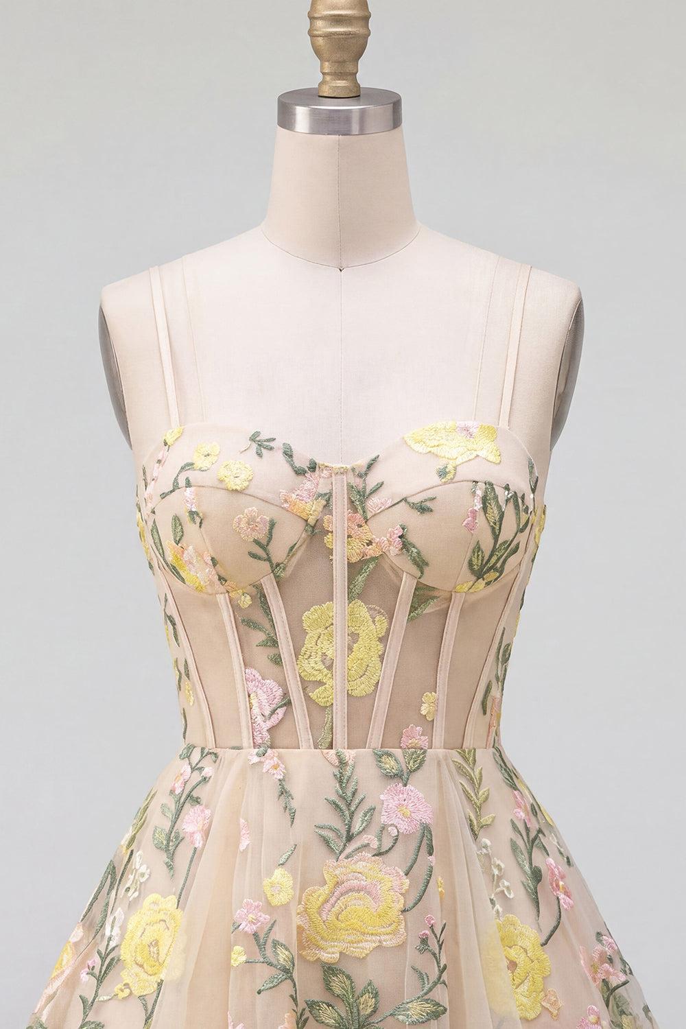 Champagne Floral Spaghetti Straps A-Line Corset Short Homecoming Dress