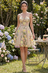 Champagne Floral Spaghetti Straps A-Line Corset Short Homecoming Dress