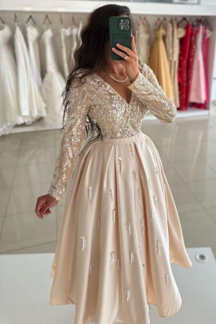 Champagne Formal Dress V Neck Ankle Length Sleeves Draped Satin Evening Dress