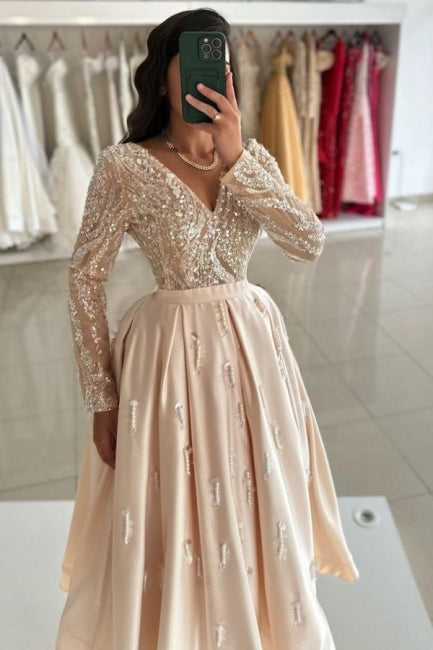 Champagne Formal Dress V Neck Ankle Length Sleeves Draped Satin Evening Dress