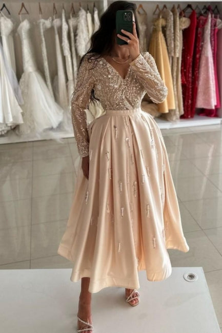 Champagne Formal Dress V Neck Ankle Length Sleeves Draped Satin Evening Dress