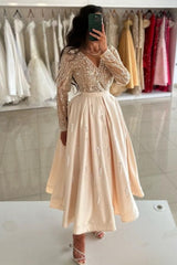 Champagne Formal Dress V Neck Ankle Length Sleeves Draped Satin Evening Dress
