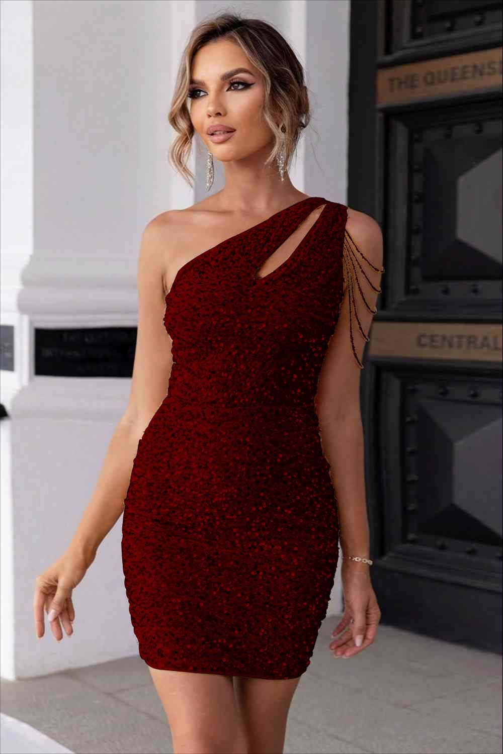 Champagne Gold Homecoming Dress Sequined One Shoulder Sleeveless Short Cocktail Dress With Beadings