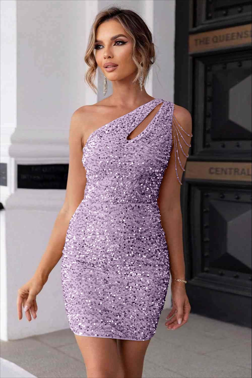Champagne Gold Homecoming Dress Sequined One Shoulder Sleeveless Short Cocktail Dress With Beadings