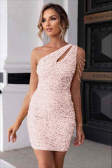 Champagne Gold Homecoming Dress Sequined One Shoulder Sleeveless Short Cocktail Dress With Beadings