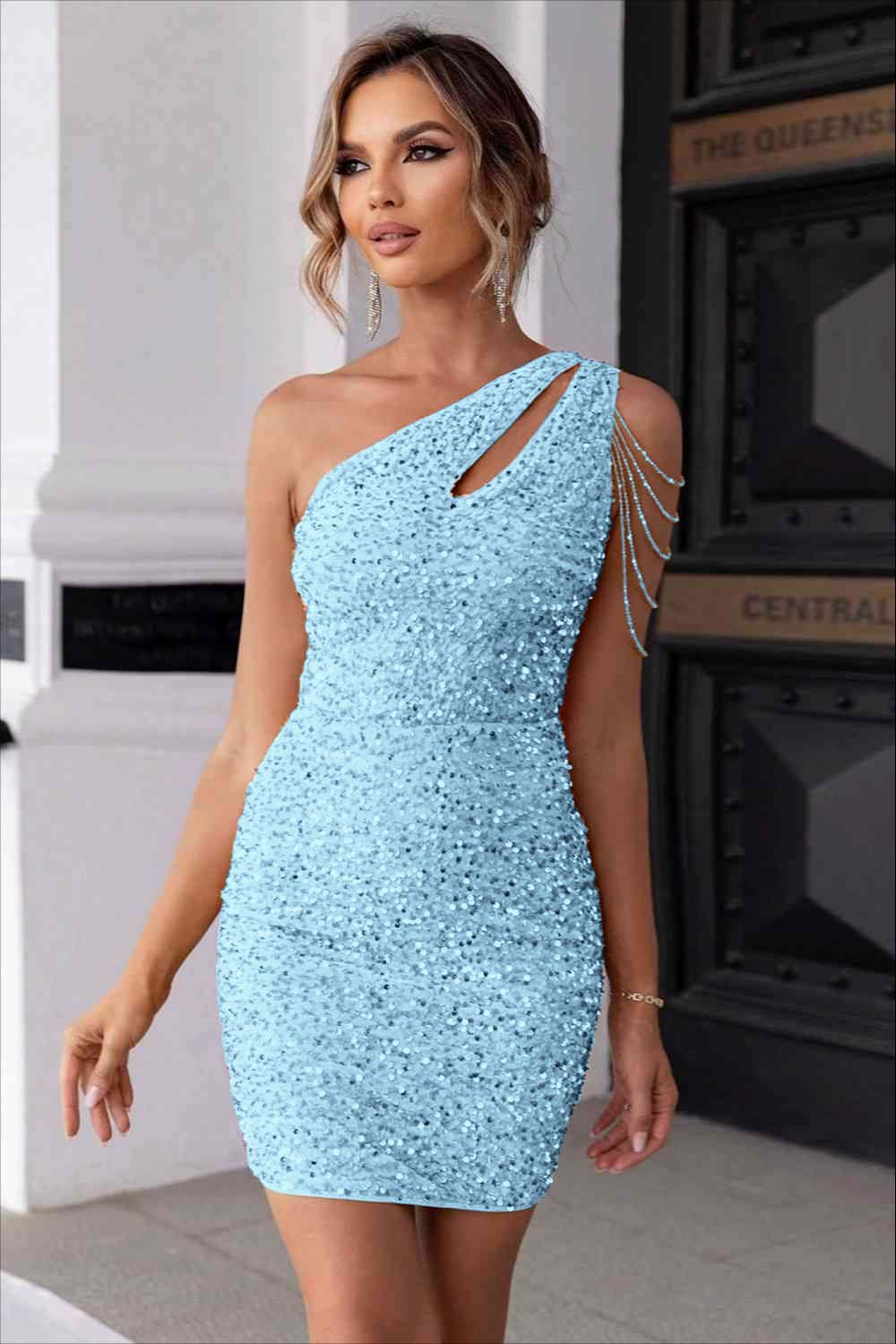 Champagne Gold Homecoming Dress Sequined One Shoulder Sleeveless Short Cocktail Dress With Beadings