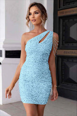 Champagne Gold Homecoming Dress Sequined One Shoulder Sleeveless Short Cocktail Dress With Beadings