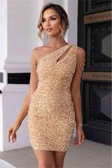 Champagne Gold Homecoming Dress Sequined One Shoulder Sleeveless Short Cocktail Dress With Beadings