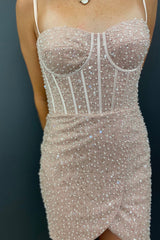 Champagne Homecoming Dress Beaded Sequin Tight Short Prom Dress