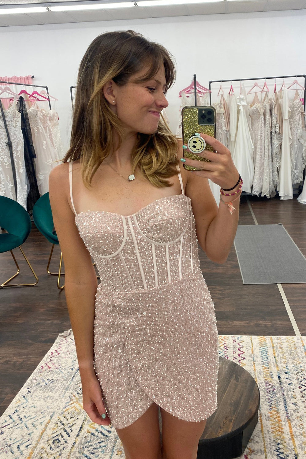 Champagne Homecoming Dress Beaded Sequin Tight Short Prom Dress