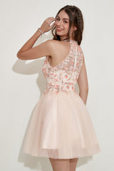 Champagne Homecoming Dress Halter Prom Dress with Embroidery