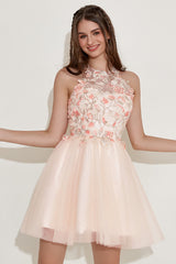 Champagne Homecoming Dress Halter Prom Dress with Embroidery