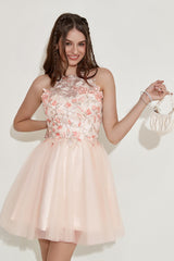 Champagne Homecoming Dress Halter Prom Dress with Embroidery