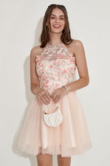 Champagne Homecoming Dress Halter Prom Dress with Embroidery