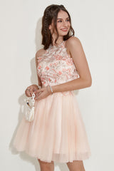 Champagne Homecoming Dress Halter Prom Dress with Embroidery