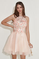 Champagne Homecoming Dress Halter Prom Dress with Embroidery