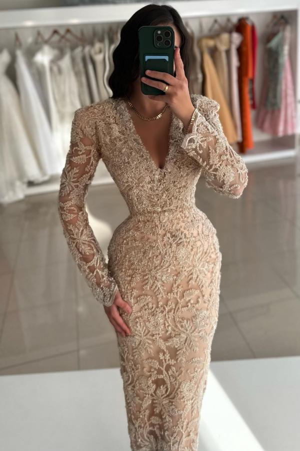 Champagne Long Sleeve Prom Dress Sheath/Column V Neck Lace Formal Dress