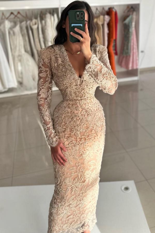 Champagne Long Sleeve Prom Dress Sheath/Column V Neck Lace Formal Dress
