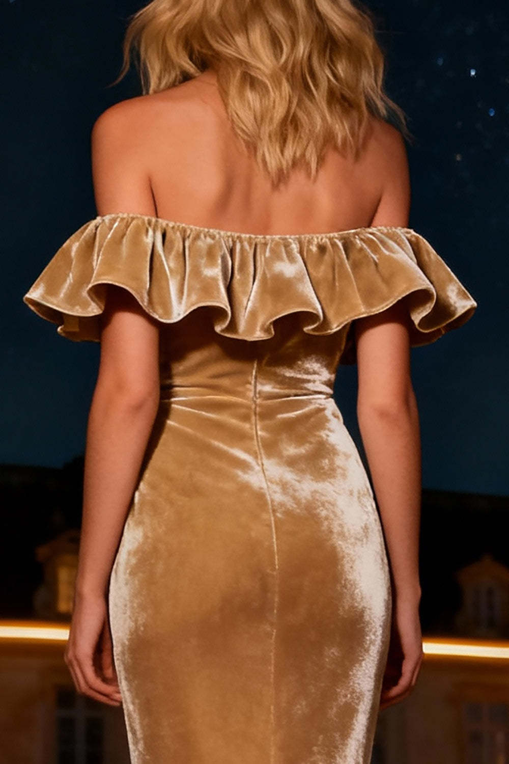Champagne Mermaid Off The Shoulder Long Velvet Holiday Party Dress With Ruffles