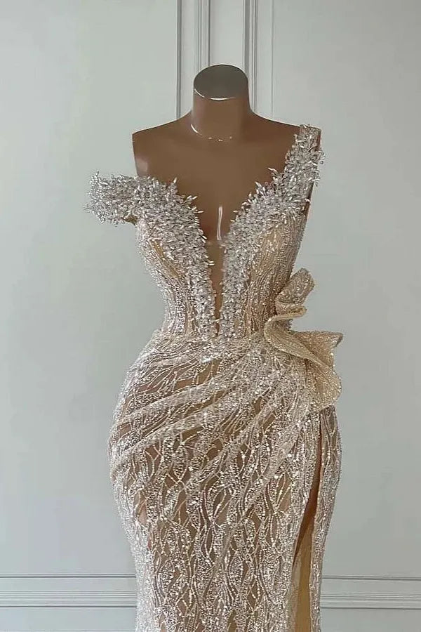 Champagne Mermaid Prom Dress Asymmetric Formal Dress With Lace Appliques