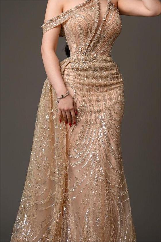 Champagne Mermaid Prom Dress Asymmetric Neck Beaded Formal Dress