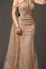 Champagne Mermaid Prom Dress Asymmetric Neck Beaded Formal Dress