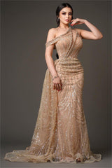 Champagne Mermaid Prom Dress Asymmetric Neck Beaded Formal Dress