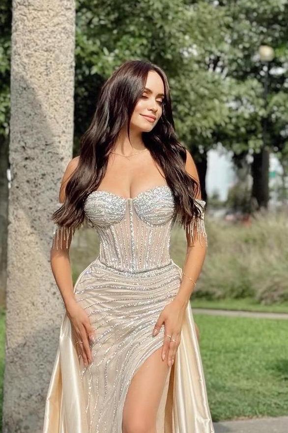 Champagne Mermaid Prom Dress Beaded Off the Shoulder Formal Dress