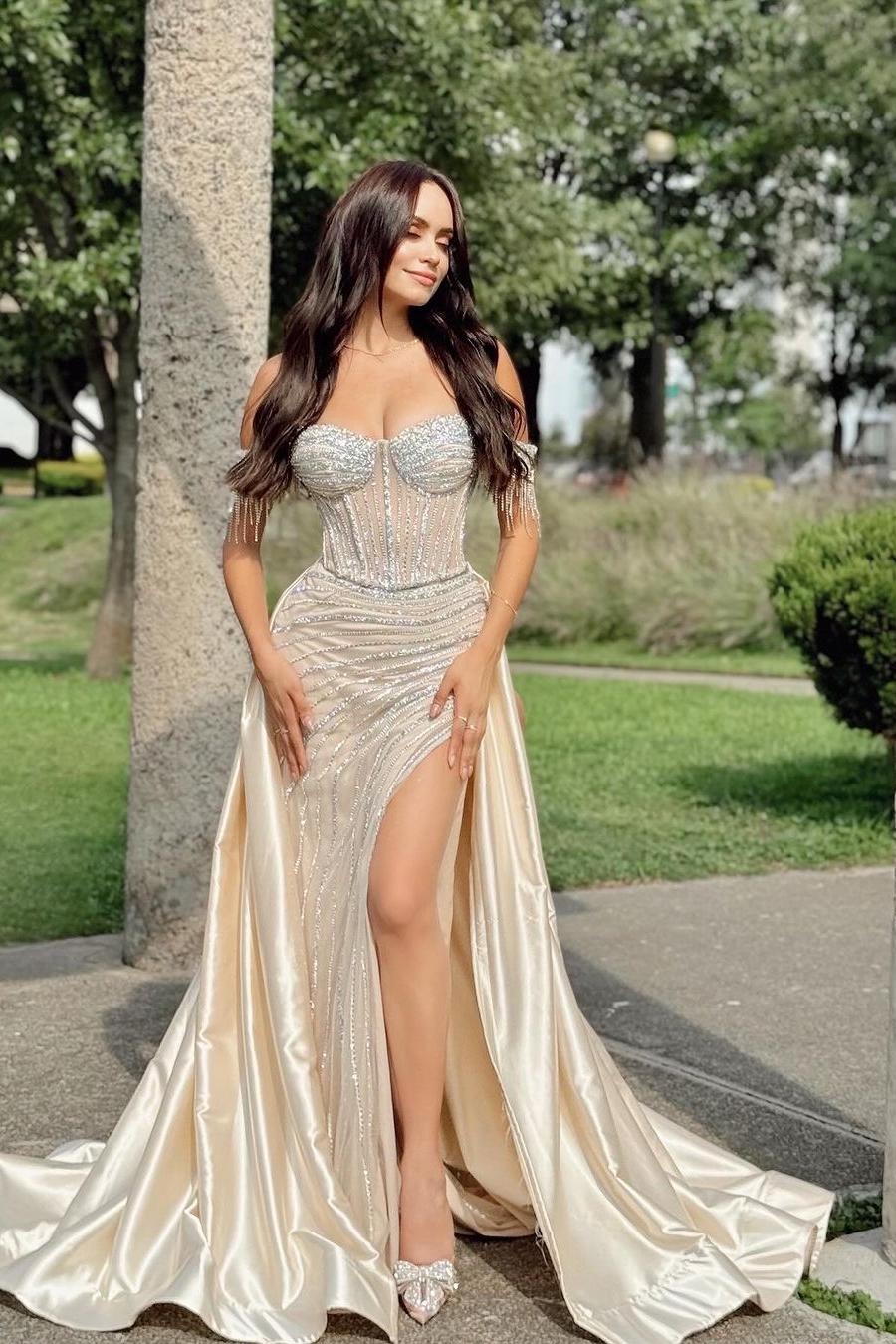 Champagne Mermaid Prom Dress Beaded Off the Shoulder Formal Dress