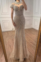 Champagne Mermaid Prom Dress High Neck Sequined Formal Dress